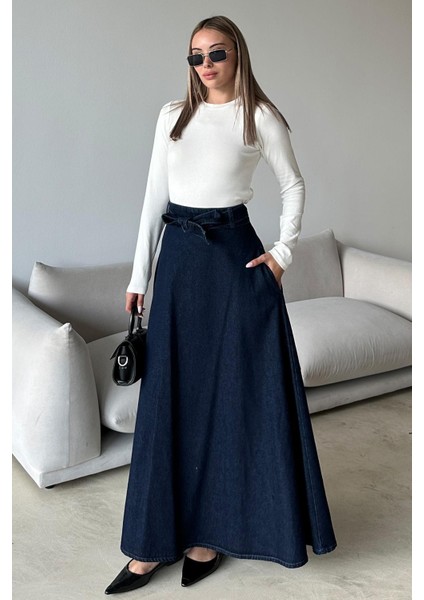 Beli Kuşaklı Denim Çan Uzun Etek Koyu Mavi 7064