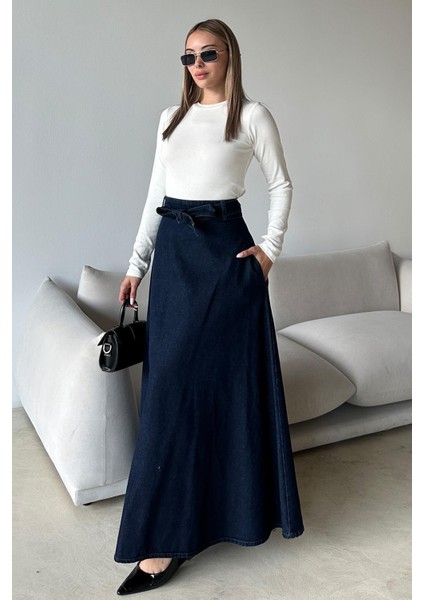 Beli Kuşaklı Denim Çan Uzun Etek Koyu Mavi 7064 modelleri