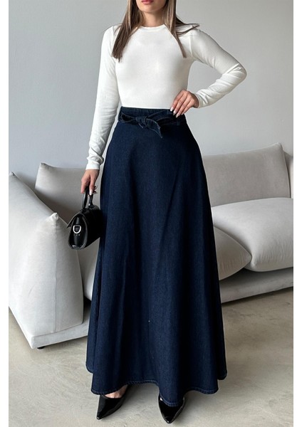 Beli Kuşaklı Denim Çan Uzun Etek Koyu Mavi 7064 fırsatları