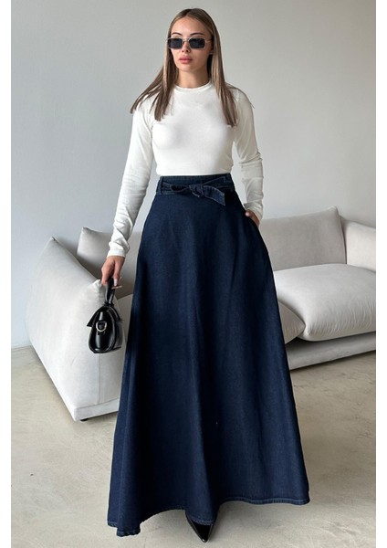 Beli Kuşaklı Denim Çan Uzun Etek Koyu Mavi 7064 indirimleri