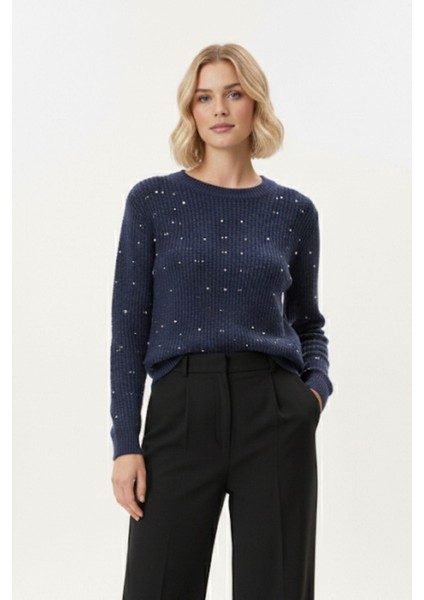 Laci Kadın Taş İşleme Detaylı Bisiklet Yaka Triko Kazak 7045