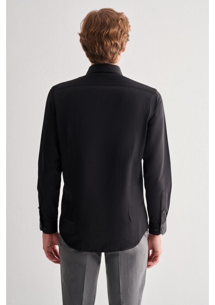Siyah Sert Yaka Uzun Kol Slim Fit Pamuklu Gömlek 1004255175 indirimleri