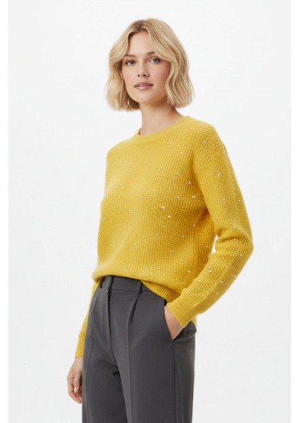 Sarı Kadın Taş İşleme Detaylı Bisiklet Yaka Triko Kazak 7045