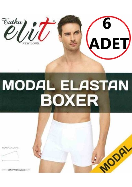 Erkek Modal Elastan Boxer - 6 Adet - Beyaz