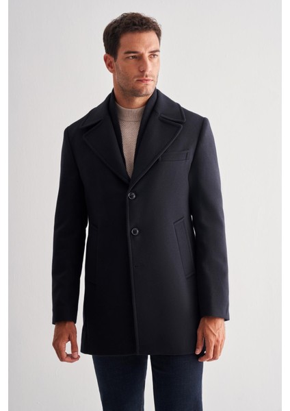 Koyu Lacivert Mono Yaka Classic Comfort Fit Esnek Kaşe Kaban 1008255160