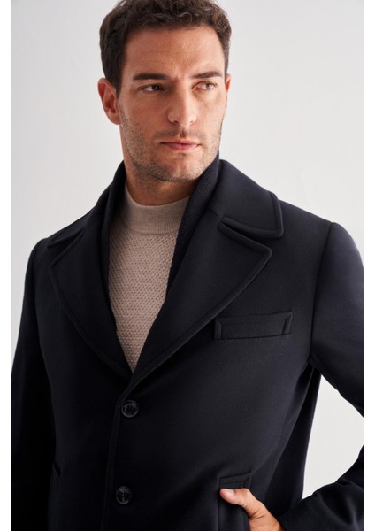 Koyu Lacivert Mono Yaka Classic Comfort Fit Esnek Kaşe Kaban 1008255160 fırsatları