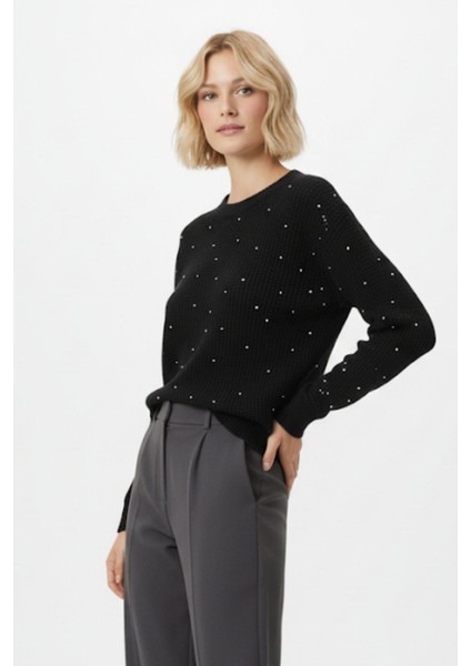 Siyah Kadın Taş İşleme Detaylı Bisiklet Yaka Triko Kazak 7045