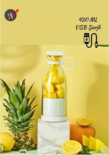 Taşınabilir Mini Blender 420 Ml, USB Şarjlı, Plastik Şişe, Smoothie ve Milkshake Yapımına Uygun