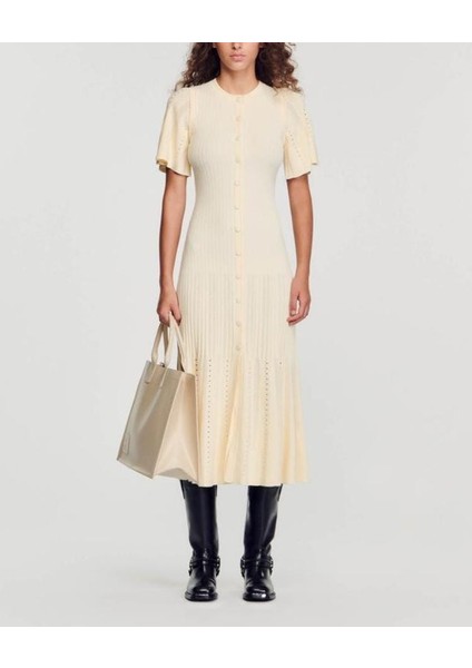 Ekru Triko Midi Elbise ,sandro Kadın Nervürlü Örgü Midi Elbise