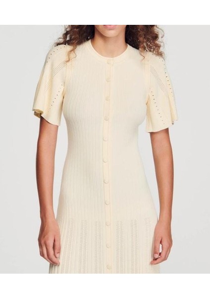 Ekru Triko Midi Elbise ,sandro Kadın Nervürlü Örgü Midi Elbise fiyatları