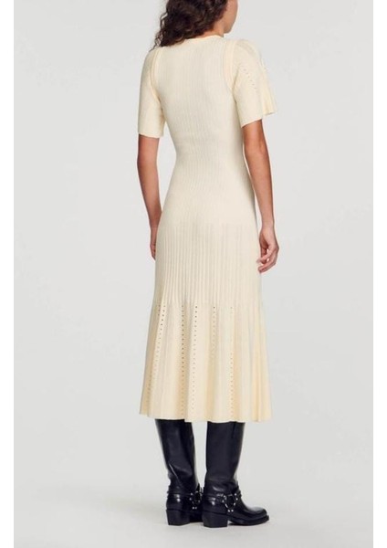 Ekru Triko Midi Elbise ,sandro Kadın Nervürlü Örgü Midi Elbise fırsatları