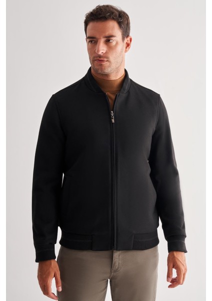 Siyah Kaşe Kolej Yaka Düz Yırtmaçsız Tam Astar Comfort Fit Classic Mont 1007245159