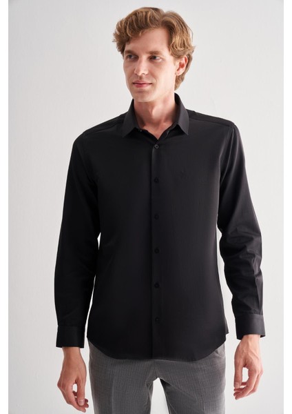 Siyah Sert Yaka Uzun Kol Slim Fit Pamuklu Gömlek 1004255175 modelleri