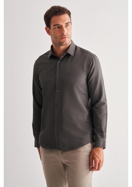Haki Sert Yaka Uzun Kol Slim Fit Pamuklu Gömlek 1004255175