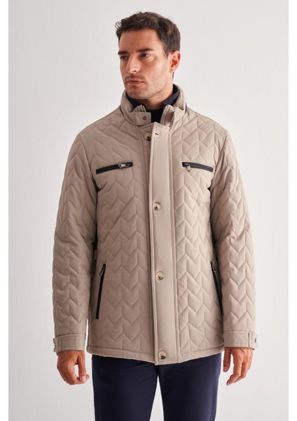 Koyu Bej Dik Yaka Casual Slim Fit Kapitone Esnek Mont 1007255126