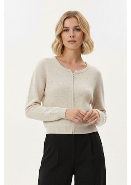 Natural Kadın Fermuarlı Taş Detaylı Triko Hırka 6405