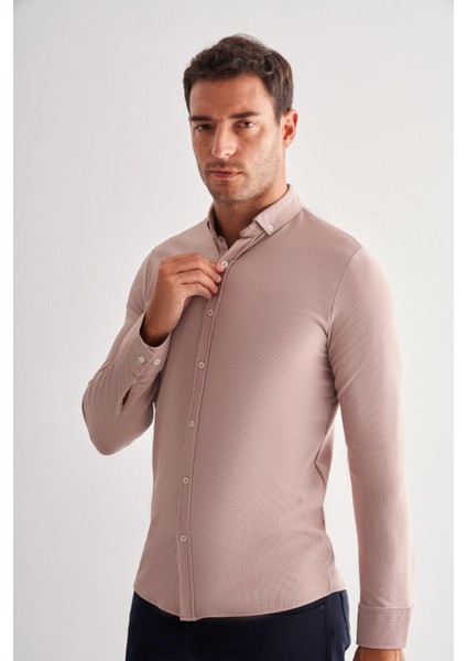 Koyu Kahverengi Smart Düğmeli Yaka Uzun Kol Cepsiz Slim Fit Casual Gömlek 1004255165 modelleri