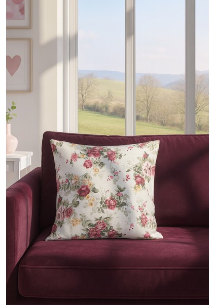 Duck Çiçekli Kırlent Kılıfı Kırmızı V1 45X45