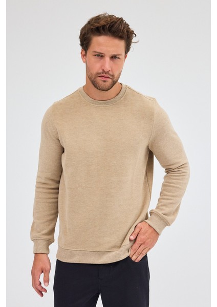 Koyu Bej Uzun Kol Bisiklet Yaka Düz Pamuklu Comfort Fit Sweatshirt 1013255150