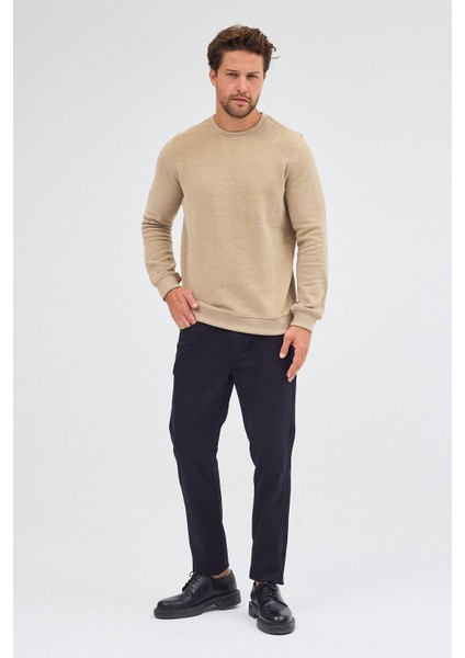 Koyu Bej Uzun Kol Bisiklet Yaka Düz Pamuklu Comfort Fit Sweatshirt 1013255150 fiyatları