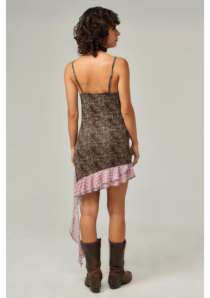 Leopar Desenli Asimetrik Kesim Mini Elbise