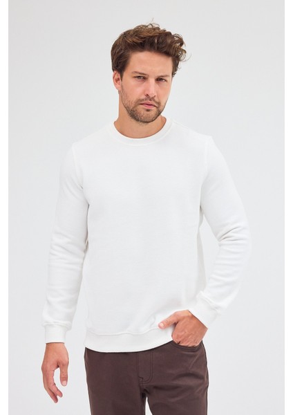 Krem Uzun Kol Bisiklet Yaka Düz Pamuklu Comfort Fit Sweatshirt 1013255150