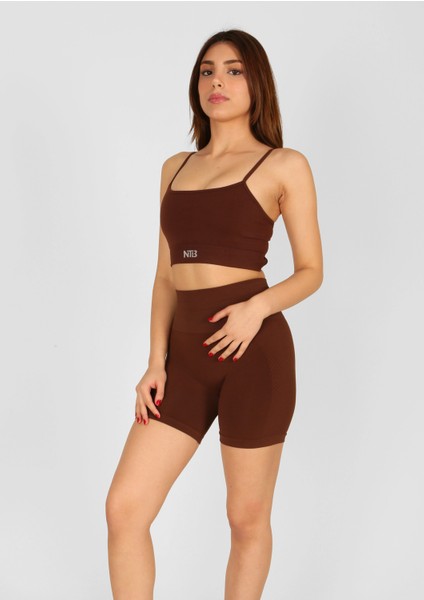 Ntb Kahverengi Yüksek Bel Kısa Spor Taytı Scrunch Detaylı,toparlayıcı Tayt,kısa Spor Tayt,fitness