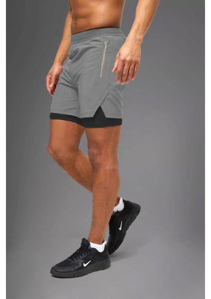 Gri Unisex Gym ve Fitness Astarlı Taytlı Şort