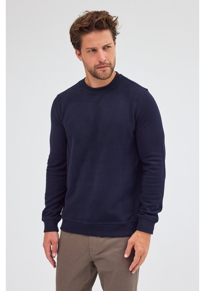 Lacivert Uzun Kol Bisiklet Yaka Düz Pamuklu Comfort Fit Sweatshirt 1013255150