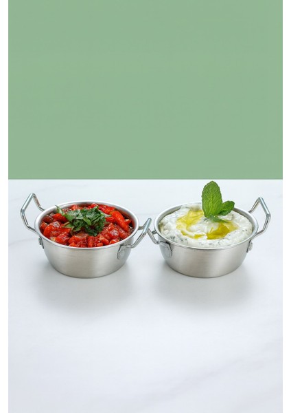 2'li Gümüş Paslanmaz Çelik Yuvarlak Sunum Tavası – Kulplu Servis Kabı Sosluk 13 cm (VD8815)