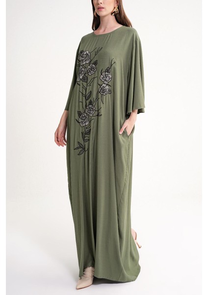 Haki Nakış Detaylı Bol Kesim Uzun Elbise 94648