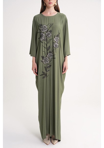 Haki Nakış Detaylı Bol Kesim Uzun Elbise 94648