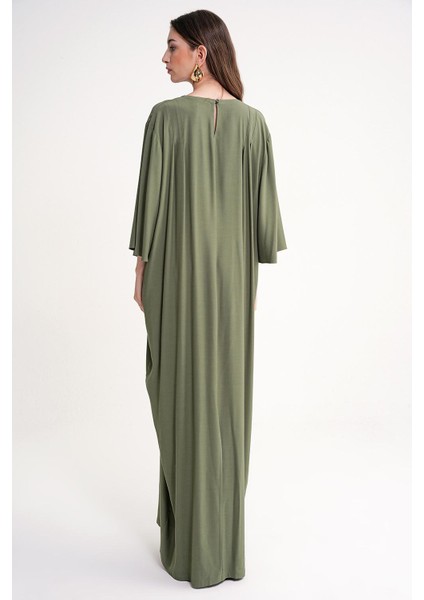 Haki Nakış Detaylı Bol Kesim Uzun Elbise 94648
