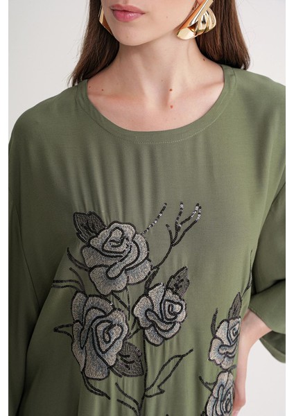 Haki Nakış Detaylı Bol Kesim Uzun Elbise 94648