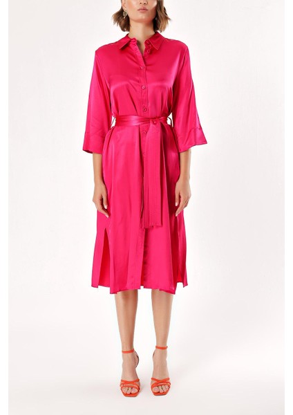 Koyu Pembe Kemerli Bol Kesim Gömlek Elbise 93995 fiyatları