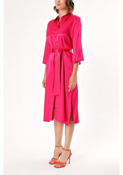 Koyu Pembe Kemerli Bol Kesim Gömlek Elbise 93995 modelleri