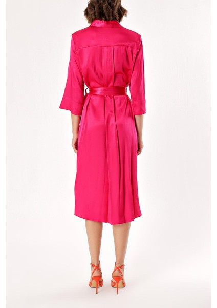 Koyu Pembe Kemerli Bol Kesim Gömlek Elbise 93995 fırsatları