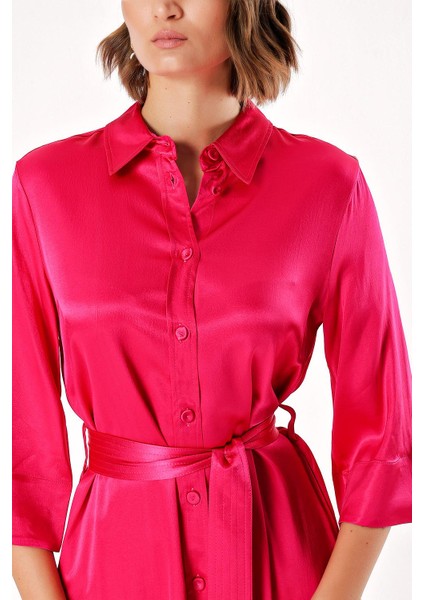 Koyu Pembe Kemerli Bol Kesim Gömlek Elbise 93995 indirimleri