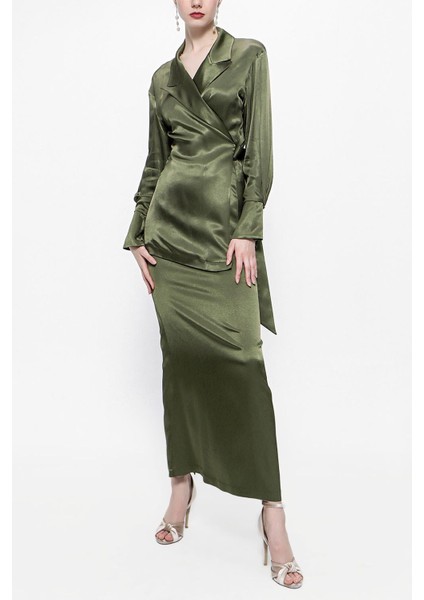 Haki Bol Kesim Ceket ve Etekli Takım 12290