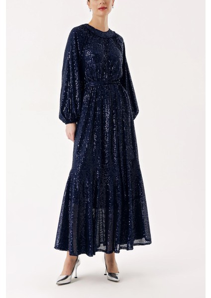 Lacivert Büzgü Detaylı Balon Kollu Payetli Elbise 94468