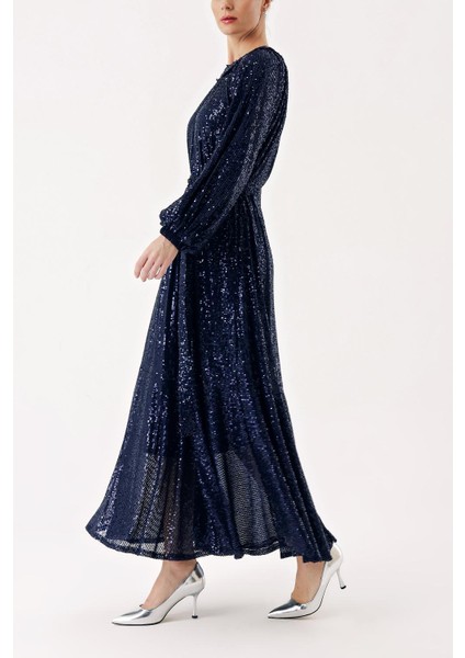 Lacivert Büzgü Detaylı Balon Kollu Payetli Elbise 94468