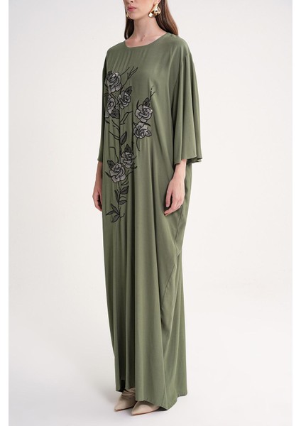 Haki Nakış Detaylı Bol Kesim Uzun Elbise 94648 modelleri