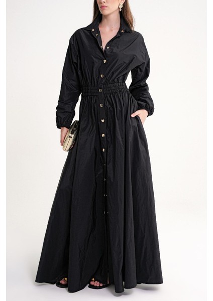 Siyah Lastik ve Çıtçıt Detaylı Uzun Gömlek Elbise 94627