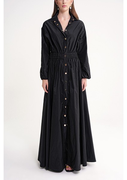 Siyah Lastik ve Çıtçıt Detaylı Uzun Gömlek Elbise 94627 fiyatları