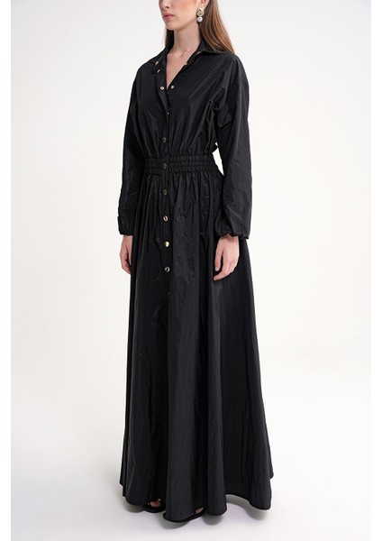 Siyah Lastik ve Çıtçıt Detaylı Uzun Gömlek Elbise 94627 modelleri