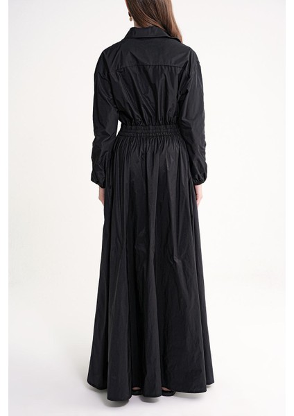 Siyah Lastik ve Çıtçıt Detaylı Uzun Gömlek Elbise 94627 fırsatları