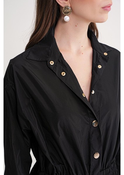 Siyah Lastik ve Çıtçıt Detaylı Uzun Gömlek Elbise 94627 indirimleri