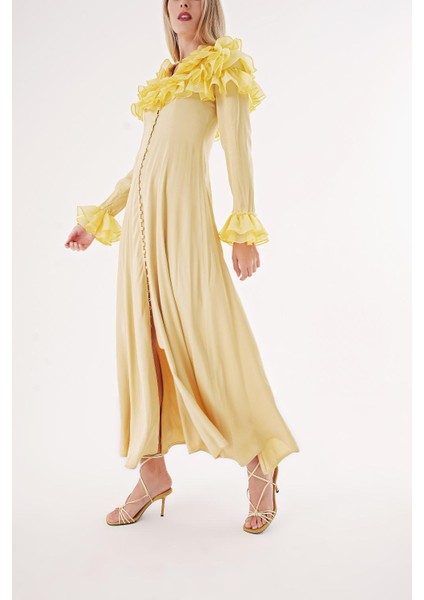 Sarı Hakim Yaka Fırfır Detaylı Gömlek Elbise 94465