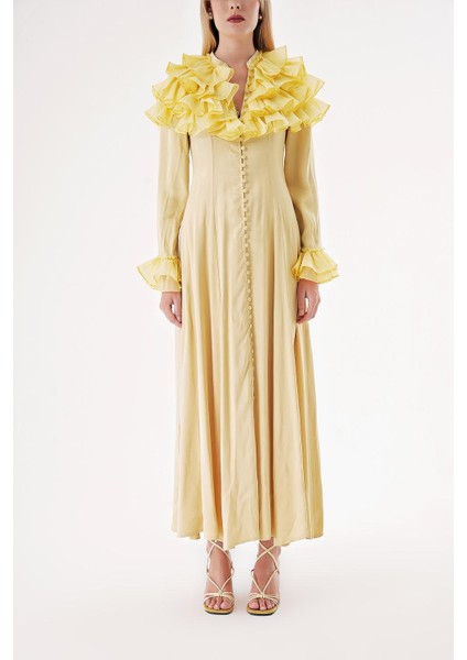 Sarı Hakim Yaka Fırfır Detaylı Gömlek Elbise 94465 fiyatları