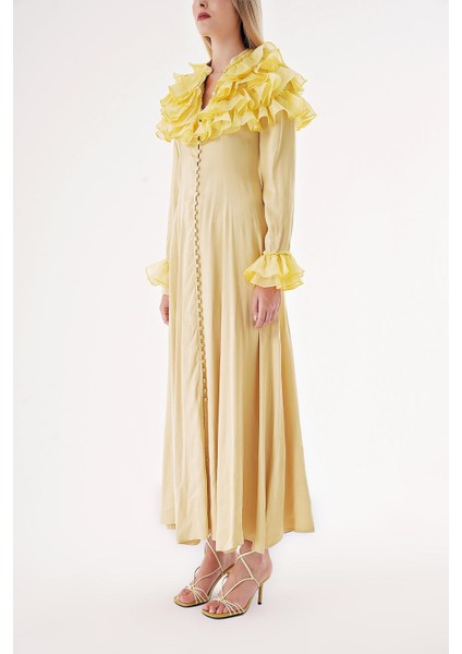 Sarı Hakim Yaka Fırfır Detaylı Gömlek Elbise 94465 modelleri